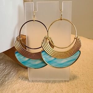 Statement Hoop Earrings Blue Accent Gold Tone Fashion Jewelry Pre-Owned‎